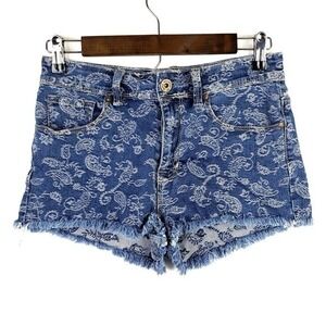 Blue Paisley High Rise Denim Shorts Womens 7 Frayed Hem Stretch Boho Jean Shorts